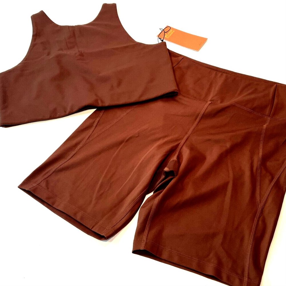 NWT Girlfriend Collective Brown Set High Rise Bike Shorts Dylan Tank Bra XL